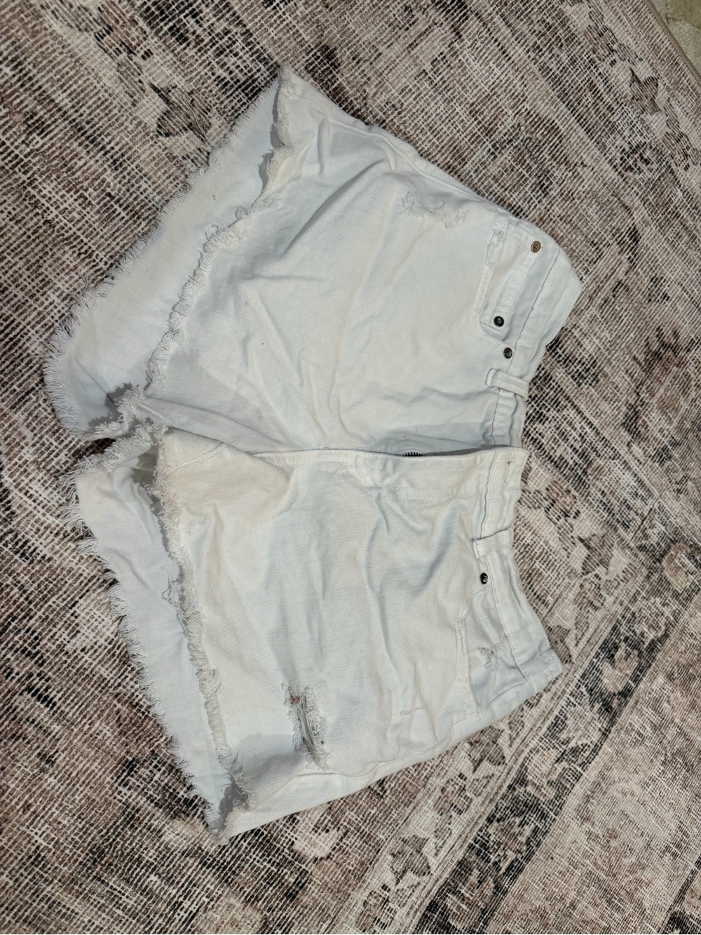 aerie White Frayed Hem Denim Shorts